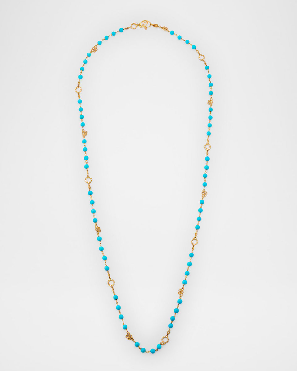 20K Yellow Gold Necklace with 5mm Turquoise Beads and Diamonds, 36.75"L